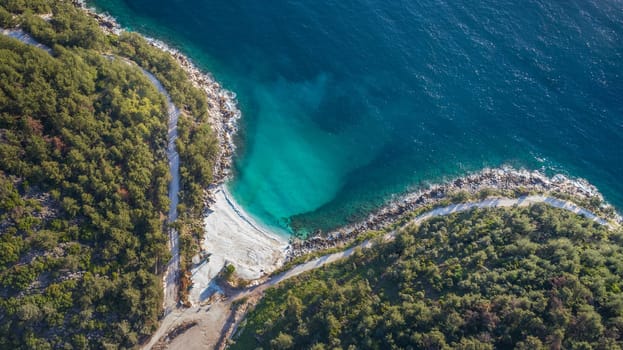 aerial view of Marble beach. The most beautiful white beach in Greece