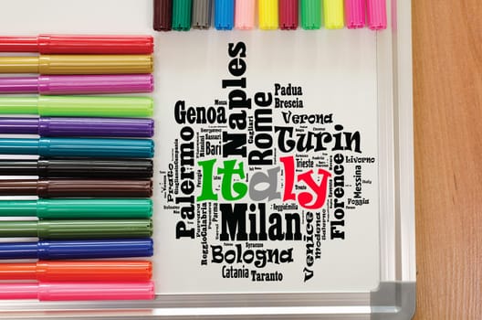 Localities in Italy word cloud travel concept over whiteboard background