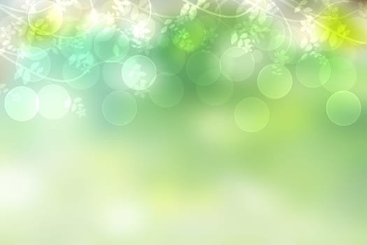 Abstract gradient green light and yellow colorful pastel spring or summer bokeh background with leaves and circular lights. Beautiful texture.