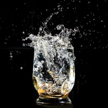 Coins falling splashing into a water glass isolated on black