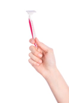 Womans hand hold razor on white background beauty and healthcare concept