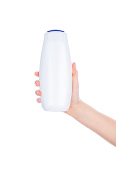 White bottle of shower gel lotion cream in hands pattern on a white background isolation