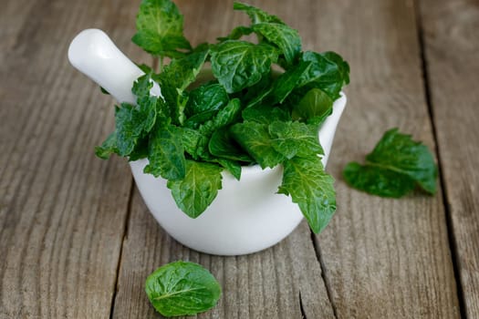 A bunch of green fresh curly mint on a wooden background