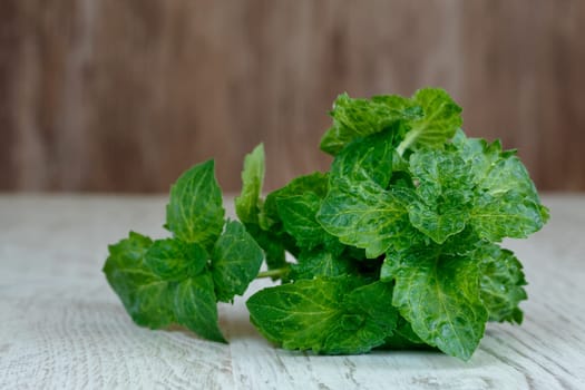 A bunch of green fresh curly mint on a wooden background