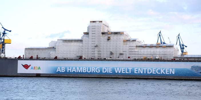 Octopus is a 414-foot (126 m) megayacht owned by the estate of the passed away  Microsoft co-founder Paul Allen is wrapped under plastic Wall for to get a secret general overhauled  in the Dock from Blohm and Voss - Port Hamburg on 05.05.2019