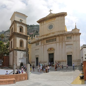 POSITANO, ITALY - JUNE 28, 2014: Santa Maria Assunta Church and Bell Tower in Positano, Italy.