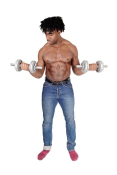 A full body image of an African American man standing shirtless.and working out with his dumbbell, isolated for white background.