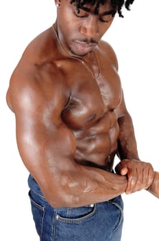 A muscles body of an African American man standing in jeans .and sweaty body in profile, isolated for white background.