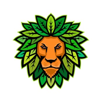 Mascot icon illustration of head of a lion with leaves as mane viewed from front on isolated background in retro style.