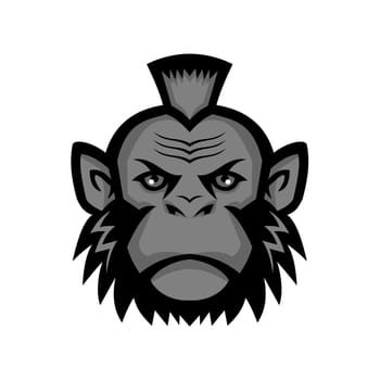 Mascot icon illustration of head of a chimpanzee wearing a mohawk hairstyle or haircut viewed from front on isolated background in retro style.