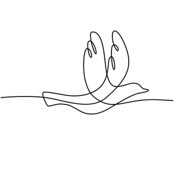 Continuous line illustration of dove or bird flying viewed from side done in black and white monoline style.