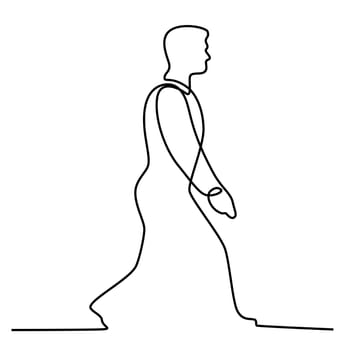 Continuous line illustration of male businessman man walking viewed from side done in black and white monoline style.