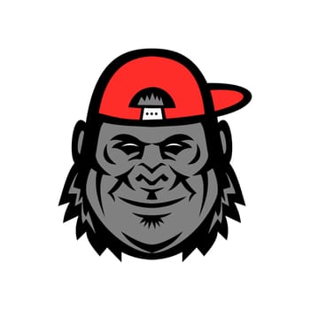Mascot icon illustration of head of a gorilla wearing a baseball cap or hat from side viewed from front  on isolated background in retro style.