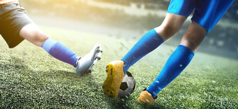 Football player woman sliding tackle the ball from his opponent on football field at stadium