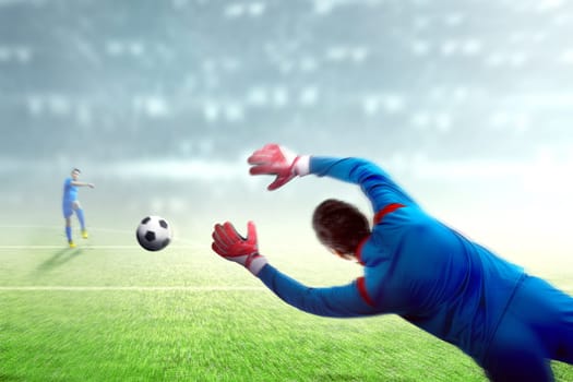 Asian football player man kicking the ball to the goal on football field at stadium