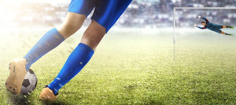 Football player man kicking the ball in the penalty box and asian goalkeeper trying to catch the ball on football field at stadium