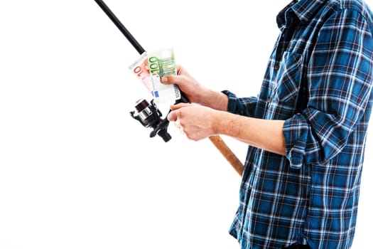 man with fishing rod and money in blue plaid shirt in front of white background