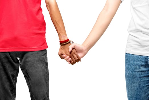 Gay couple holding hands together standing isolated over white background