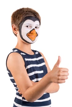 Boy with animal face-paint isolated in white