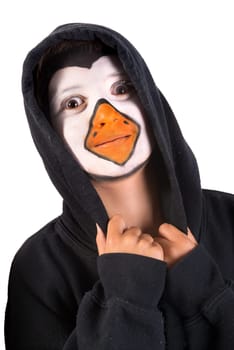 Boy with animal face-paint isolated in white