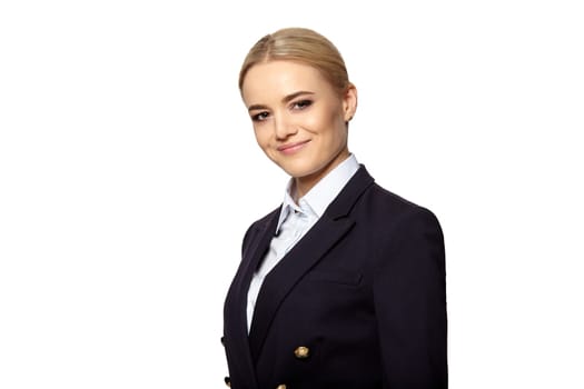 Portrait of pretty blonde in business outfit. Studio shot isolated on white background.