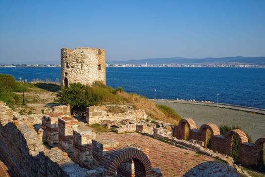 Nesebar, Bulgaria - September 10, 2014: Watchtower in old town of Nessebar. Bulgarian Black sea coast on a sunny summer day.