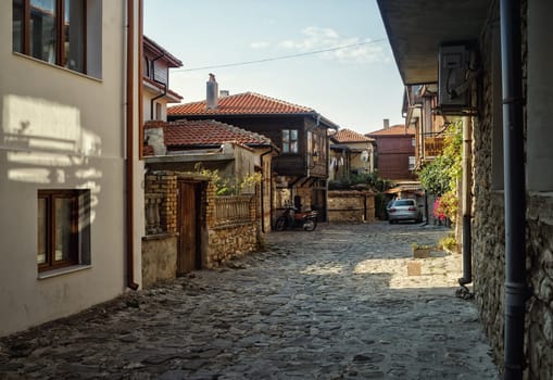 Nesebar, Bulgaria - September 10, 2014: Stone pavement and ancient architecture of old town Nessebar, Bulgaria. UNESCO world heritage site.