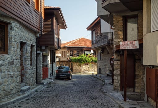 Nesebar, Bulgaria - September 10, 2014: Street and ancient architecture of old town Nessebar, Bulgaria. UNESCO world heritage site.