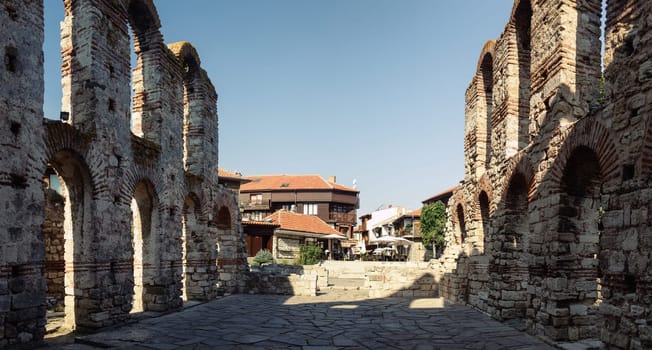 Nesebar, Bulgaria - September 10, 2014: Church of Saint Sofia in Nesebar. Inside view. Old church ruins. Old town of Nessebar is a UNESCO World Heritage Site.
