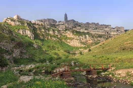 A view on the historic city Matera with the Canyon of Matera in Basilicata, Italy