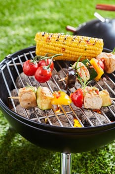 Grilling vegetables and meat kebabs on grid barbecue grill, viewed in close-up on green grass lawn