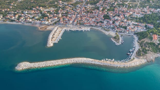 aerial view of Limenaria town and port at Thassos island, Greece