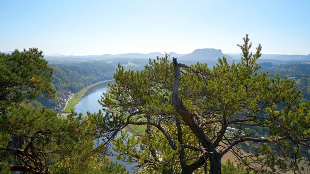 View from the rock formation Bastei in the Elbe Sandstone Mountains to the valley of the Elbe