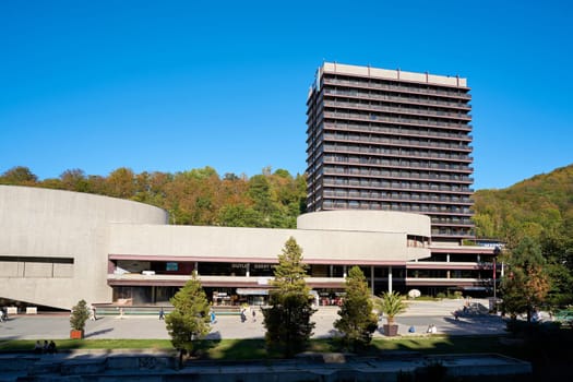 Hotel Thermal on the edge of the old town of Karlovy Vary in the Czech Republic. Popular with tourists, the hotel is also the venue of the annual international film festival in Karlovy Vary.