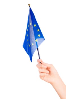 Woman hand waving the flag of European union on white