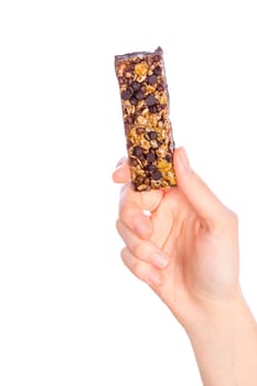 Woman holding grain cereal bar on white background healthy snack