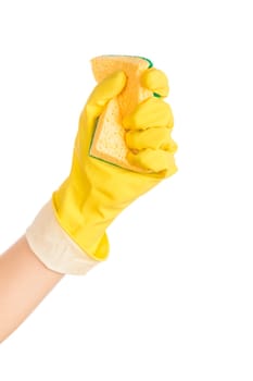 Woman hand with rubber glove and cleaning sponge on white background