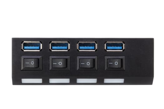 Black USB3 dock with empty connectors on white background