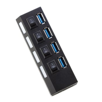 Black USB3 dock with empty connectors on white background