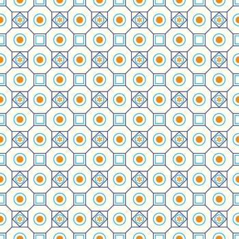 Blue classic blossom and square and circle seamless pattern on pastel background. Vintage and classic bloom pattern for retro and old design.