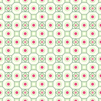 Green classic blossom and square and circle seamless pattern on pastel background. Vintage and classic bloom pattern for retro and old design.
