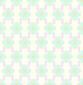 Green blossom and spiral seamless pattern on pastel background. Sweet bloom for vintage or modern design.