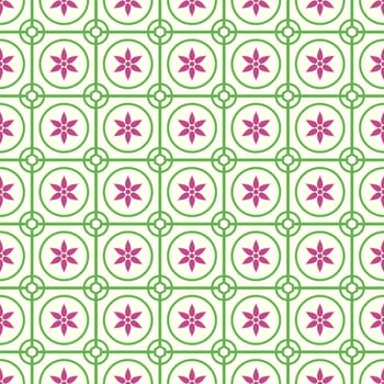 Green Vintage blossom and circle and hexagon and rectangle seamless pattern on pastel background. Retro and classic symmetry style for old or modern design.