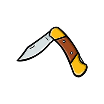 Retro style illustration of a pocket knife or folding knife partially opened 45 degrees on isolated background.