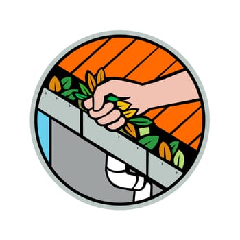 Icon retro style illustration of a hand cleaning a roof gutter, guttering, rain gutter, eavestrough or surface water collection channel clogged with leaves set inside circle on isolated background.