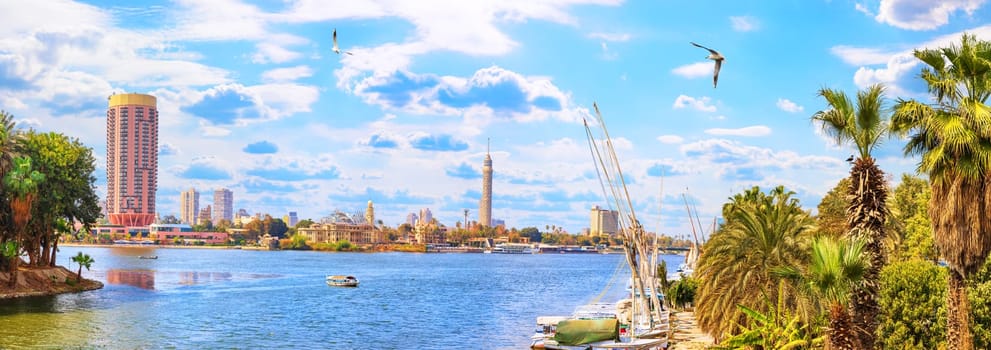 Panoramic view on the Nile and the Cairo Tower from the harbour.