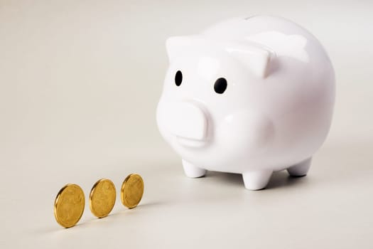 White piggy bank with some coins of Serbian dinar on white background, banking, finance and saving money concept.