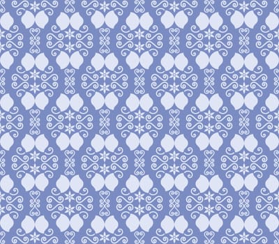 Blue retro flower and spiral pattern in old classic style. Vintage seamless pattern for ancient or classic design.