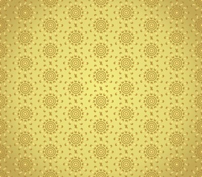 Gold swirl or spiral and circle pattern on pastel background. Vintage and sweet seamless pattern for retro or classic design