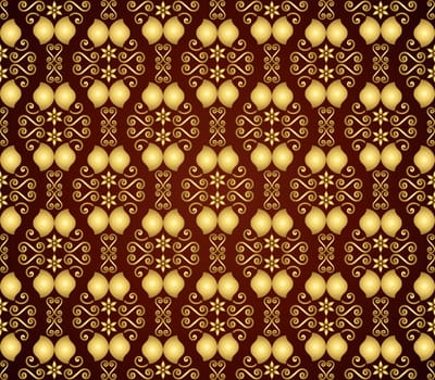 Gold retro flower and spiral pattern in old classic style. Vintage seamless pattern for ancient or classic design.